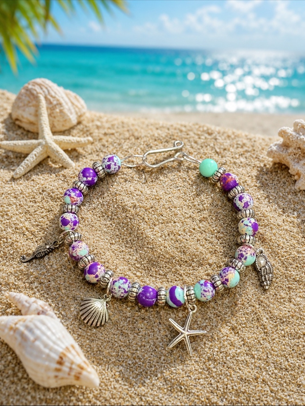 Bohemian Sea Sediment Beaded Sea Charm Bracelet, handmade